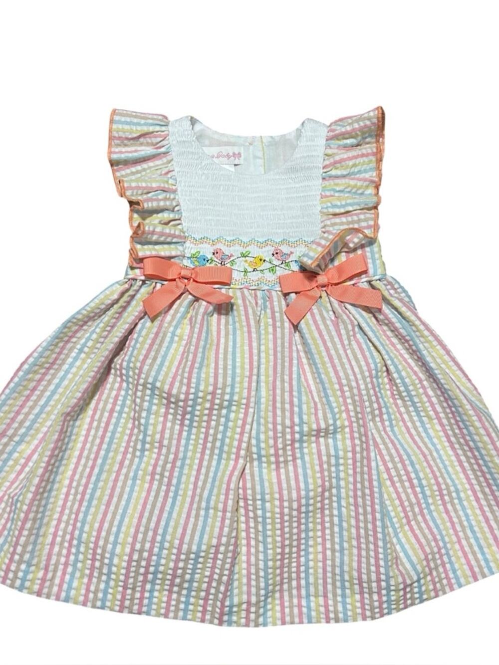 Bonnie Baby NWT Spring Birds Smocked Pastel Striped Dress 12 Months